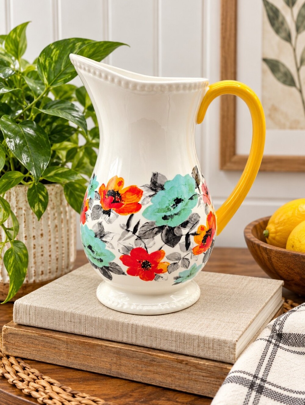 The Pioneer Woman White Floral Ceramic Pitcher with Yellow Handle